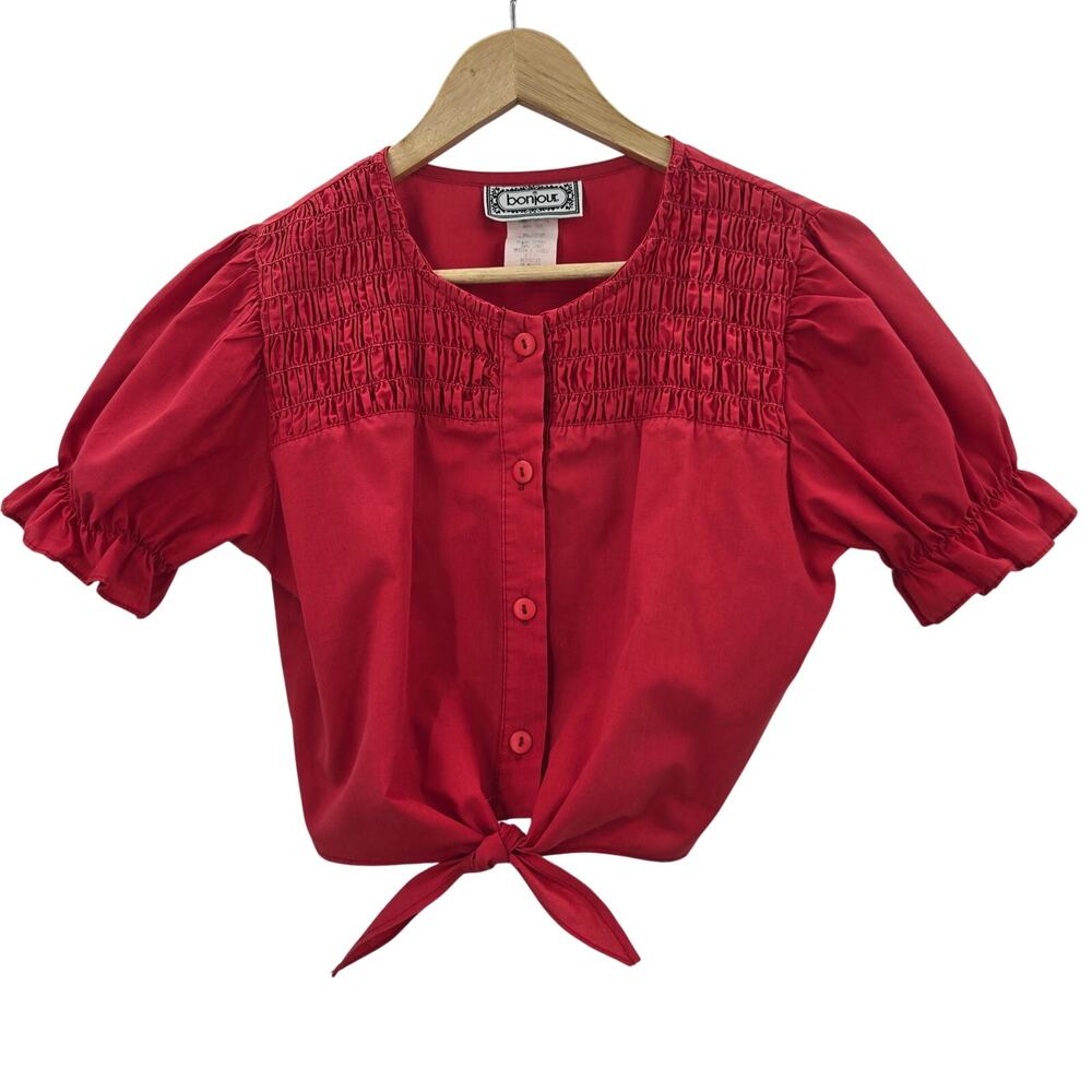 Bonjour Women Vtg 90s Praire Cottage Red Smocked Puff Sleeve Tie Crop Top S